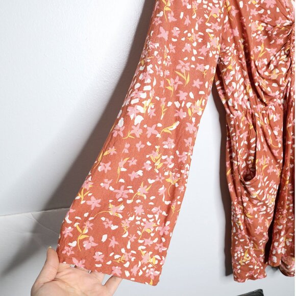 ROXY Floral Short Romper Brown/Orange Pink Tie Bust Long Sleeve Keyhole Back - Picture 6 of 11